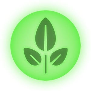 May include: A circular emblem featuring a vibrant lime green background with a soft glowing effect. Centred within the circle is a dark green graphic icon depicting three stylised leaves arranged in a vertical cluster on a single stem.