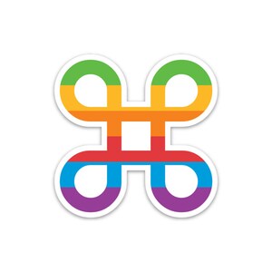 Può includere: Un simbolo di tasto di comando color arcobaleno con un contorno bianco.