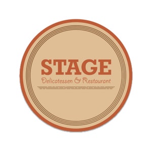 May include: A brown circle with a tan center and a red border. The text "STAGE Delicatessen & Restaurant" is printed in red on the tan center.