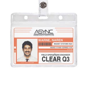 May include: A clear plastic ID badge holder containing a white and orange identification card for the Async Research Institute. The card features a photograph of a person, the name Naren Warne, and the title Field Operations Engineer.