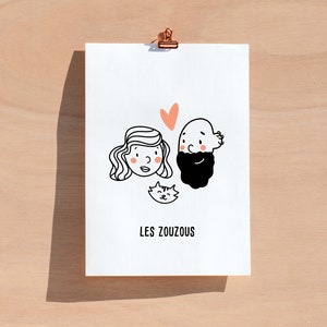 Personalized family portrait - minimalist black and white comic illustration - custom hand-printed drawing