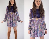 60's Style Paisley and Purple Puff Sleeved Mod Dress