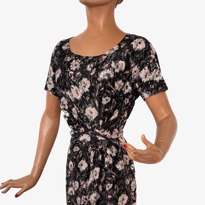S | 1950s Black and Pink Silk Floral Print Dress