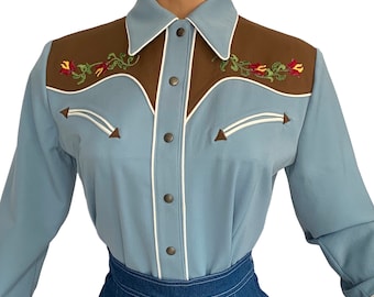 1940s Style Western Blouse Blue Brown