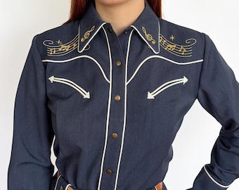 Blusa estilo western de los años 40, azul marino - Hecha a medida