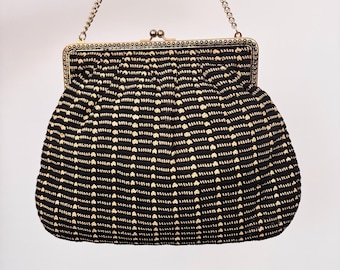 Bolso de noche de lana negra y amarilla de los años 50 con correa de cadena