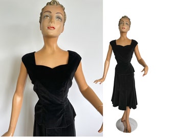 1950er Jahre „Walk by Charles Inc.“ Zweiteiliger Anzug aus schwarzem Samt und Baumwolle | Größe S/M