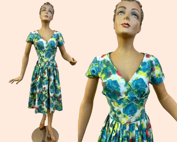 1950s Peggy Page Flower Print Swing Dress | Size M