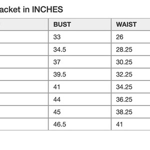 Puede incluir: Tabla de tallas para una chaqueta Veronica en pulgadas, que muestra las tallas XS a 4XL, con las medidas correspondientes para el busto, la cintura y la cadera.