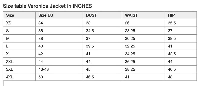 Puede incluir: Tabla de tallas para una chaqueta Veronica en pulgadas, que muestra las tallas XS a 4XL, con las medidas correspondientes para el busto, la cintura y la cadera.