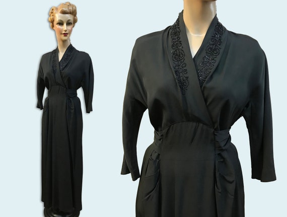 1930s/1940s Long Black Kimono Style Taffeta Beaded