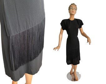 1940s Black Crepe Fringe Dress | Size Small/Medium