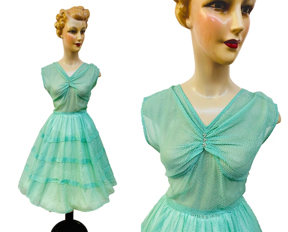 1950s Sheer Green Swing Dress w. Tiered Skirt | Si