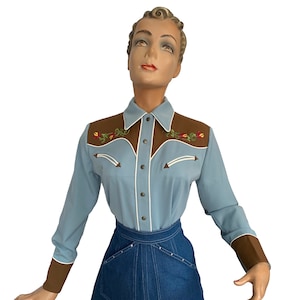940er Jahre Stil Western Bluse Blau Braun - Auf Bestellung