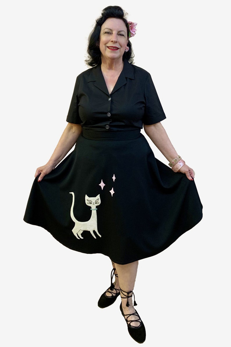 Rockabilly Dresses | Rockabilly Clothing | Viva Las Vegas     Kitty 1950s Style Swing Skirt with Hand Embroidered Cat Patch  AT vintagedancer.com