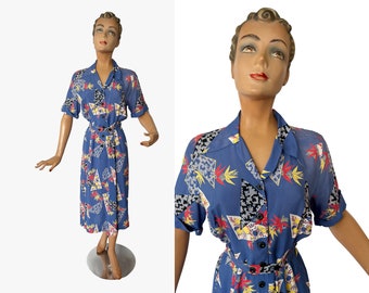 Robe chemise imprimée rayonne nouveauté des années 1940 | Taille S/M