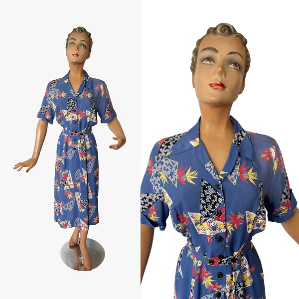1940s Rayon Novelty Print Shirtwaist Dress | Size S/M