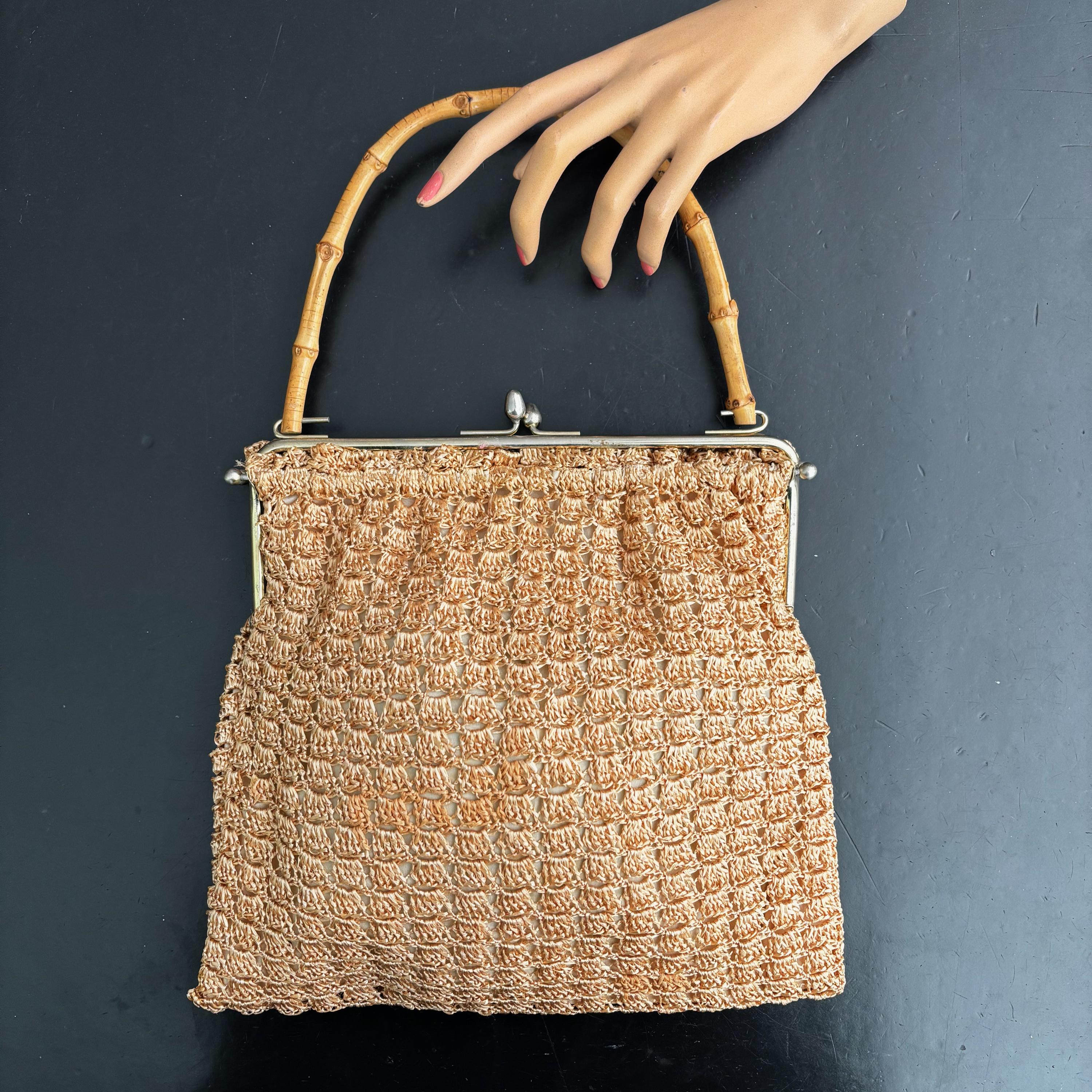 1950s/60s Raffia Bamboo Handle Handbag - Etsy