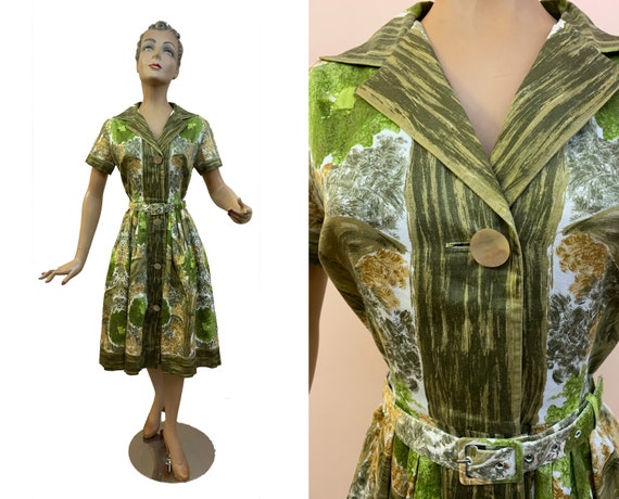 1950s Poplin Cotton Shirtwaist Dress w. Belt | Si