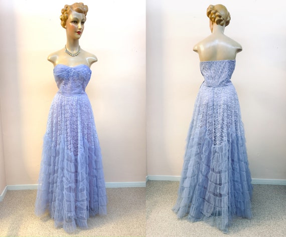 1950s Lavender Blue Three Layered Lace Tulle and S