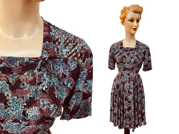 1940s Silk Dress w. Openwork Shoulders | Size Lar