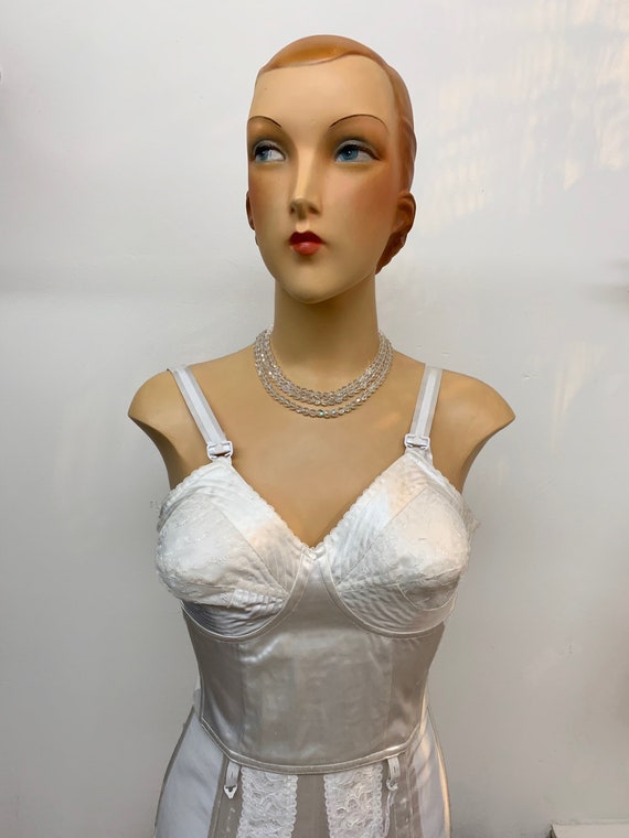 Vintage NOS Imperial White Satin Bullet Bra / Long