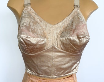 1960s Antinea Champagne Satin and Lace Long-Line Bra Bustier | Size M