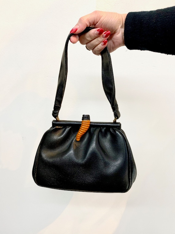 1930s/1940s Black Leather Handbag with Bakelite Cl