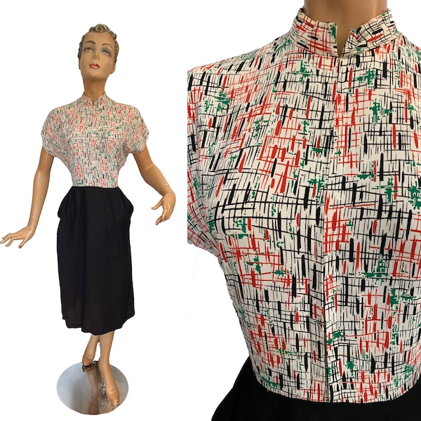 1940s Rayon Abstract Print Dress | Size Extra Small