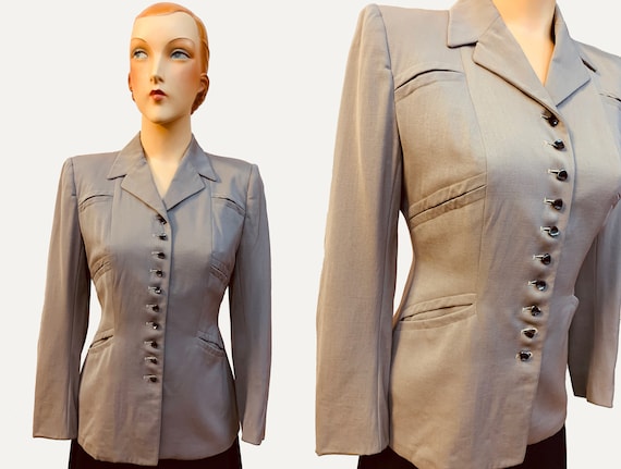 1940s Fitted Grey Gabardine Wool Jacket | Size Sma