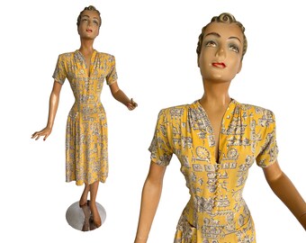 Verwundet – 1940er-Jahre-Kleid mit Krepp-Rayon-Neuheitsdruck | Größe extra klein