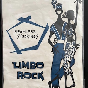 May include: Vintage packaging for "Seamless Stockings" with a blue and white illustration of two figures in traditional dress. The text "Limbo Rock" is below the illustration, and "Seamless Stockings" is above.
