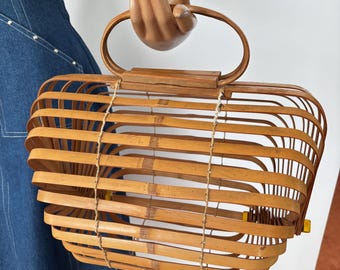 1940s Large Foldable Bamboo Handbag