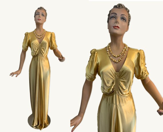 1920s Old Hollywood Glam Liquid Satin Silk Gold Dr