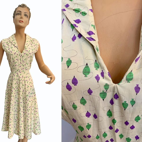 1940s Kay Dunhill Silk Spinning Top Novelty Print / Optical Illusion Dress | Size Small