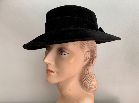 1940s Black Velvet Fedora Women's Hat