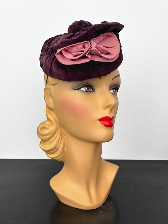 Wool and Velvet hat in chocolate brown velvet brown rose Chocolate Brown Felt Dress Hat With Paper Roses - Etsy main image 2