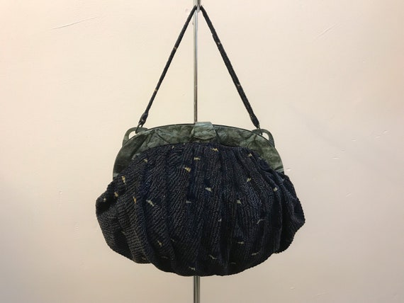 1920s/1930s Dark Blue Corduroy Ladies Purse / Hand