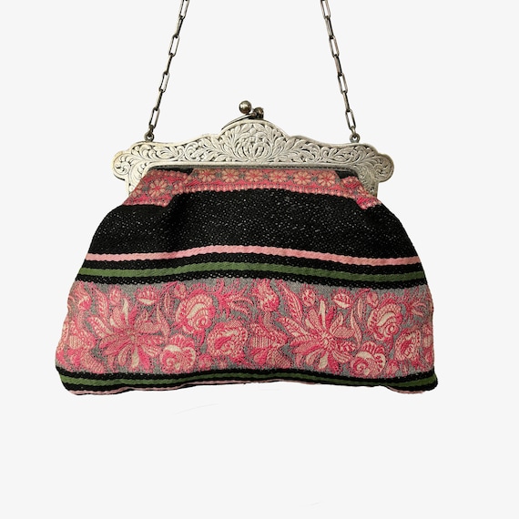 1920s/30s Pink and Green Embroidered Alpacca Purse - image 1