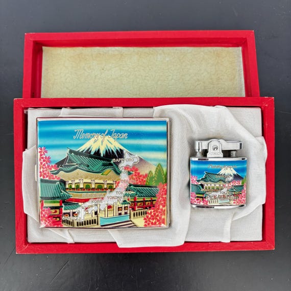 1950s Souvenir Enamel Cigarette Case and Lighter