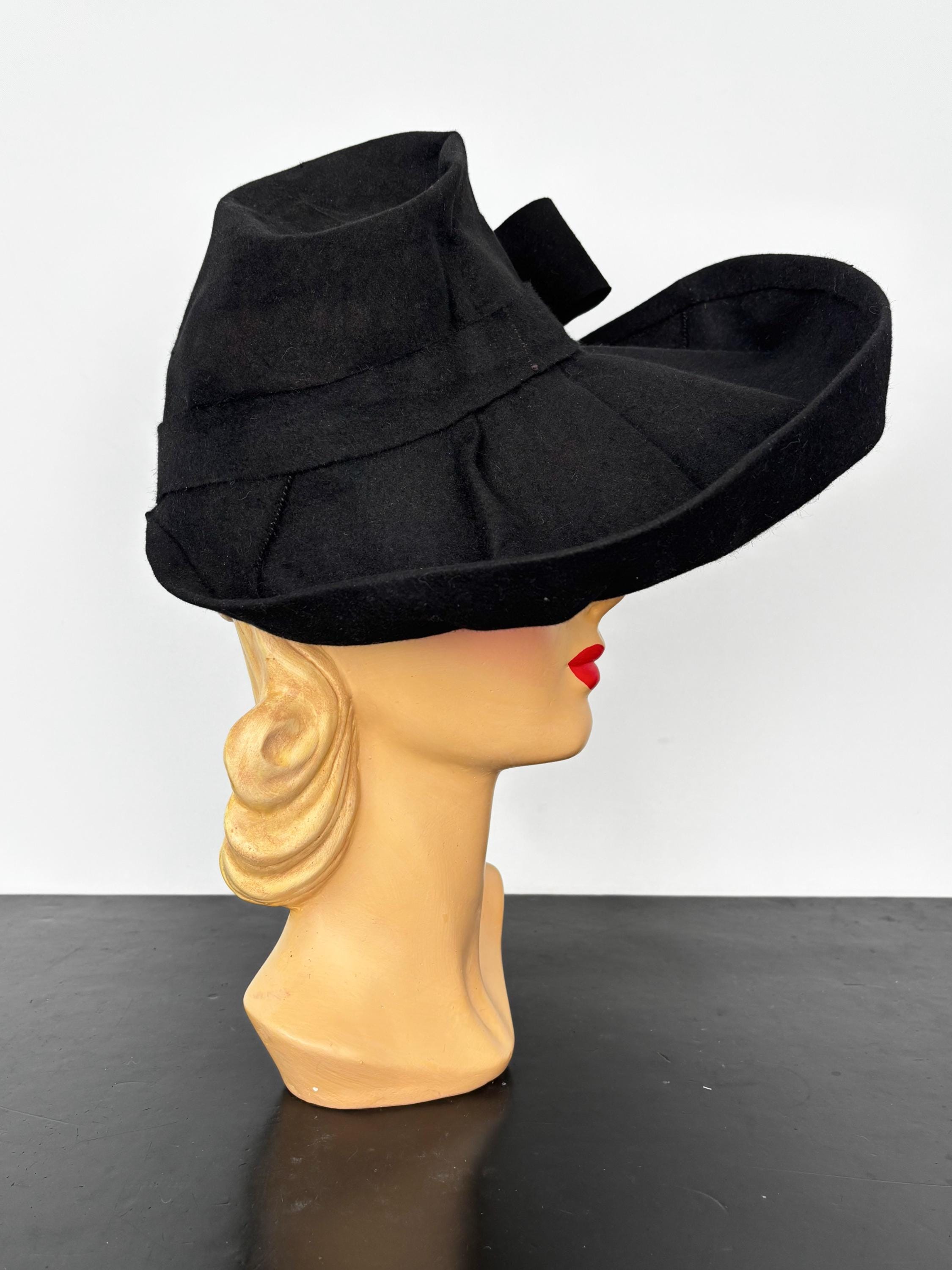 Bernstock Speirs Vtg Hat Womens Black Felt Medium Ribbon Bow Designer England Womens Vintage Black Wide Brim Hat - Veil Feathers Roses  main image 3