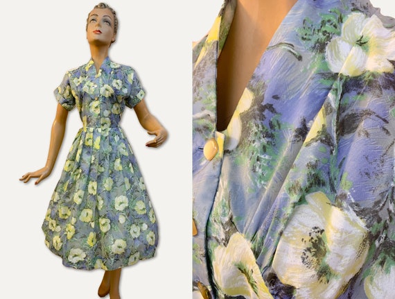 1950s Blue Flower Swing Dress | Size Medium