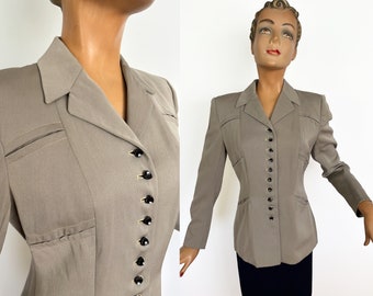 1940s Fitted Gray Gabardine Wool Jacket | Size Small/Medium