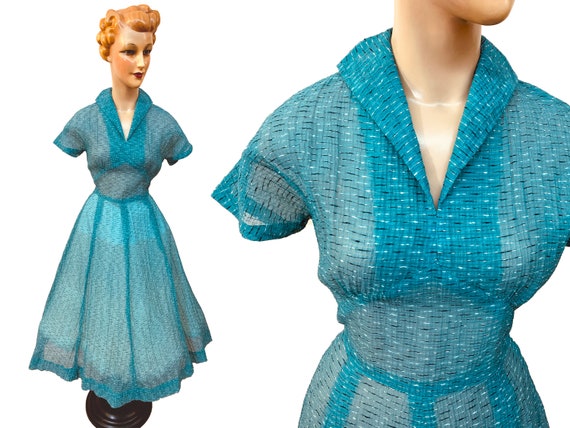 1950s Teal Sheer Swing Dress | Size Small