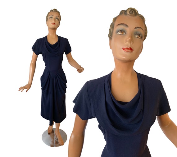 1940s Blue Crepe Draped Dress | Size Small/Medium - image 1