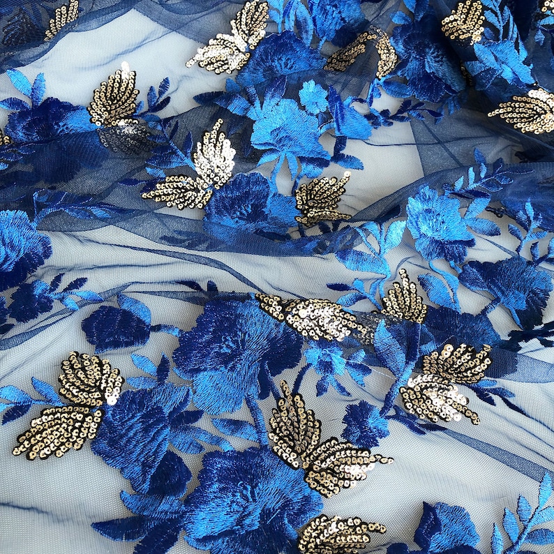 Sapphire Blue Sequins Lace Fabric Embroidery Flower Vines Lace Overlay For Dance Dress Party Gown 55 inches Width Sold by yard