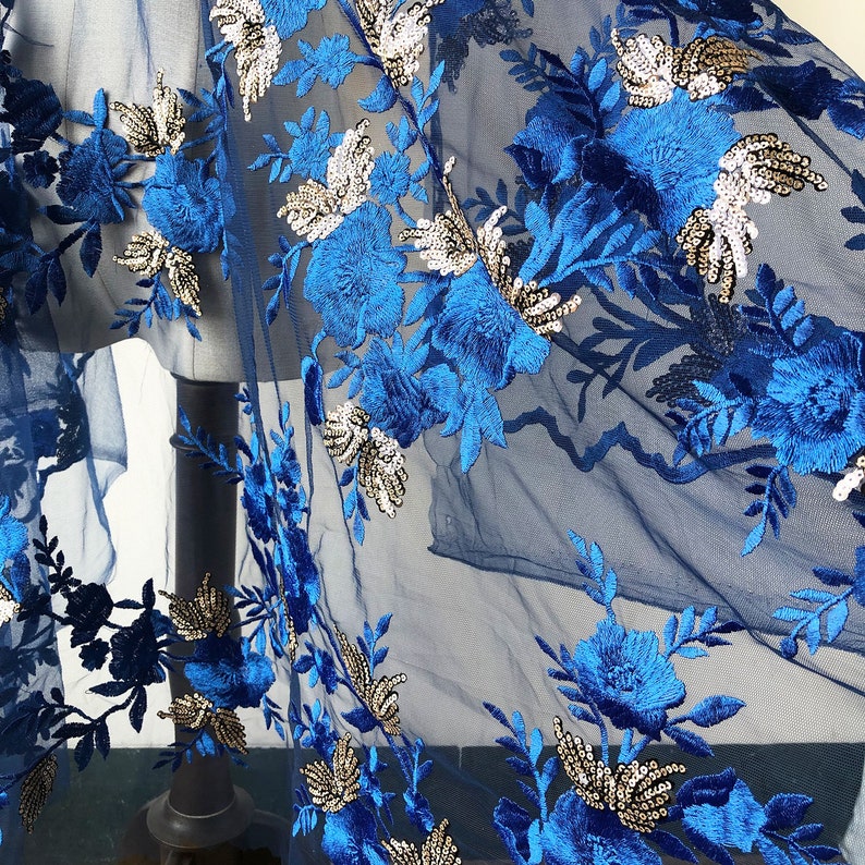 Sapphire Blue Sequins Lace Fabric Embroidery Flower Vines Lace Overlay For Dance Dress Party Gown 55 inches Width Sold by yard