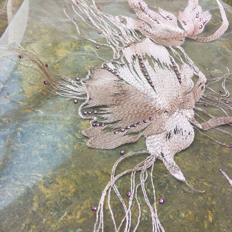 Pinkish Rhinestone Lace Fabric Beading Embroidered Lace Gauze Flower Lace Gauze with Diamante Details Sewing Fabric 51 inches 0.5 meter