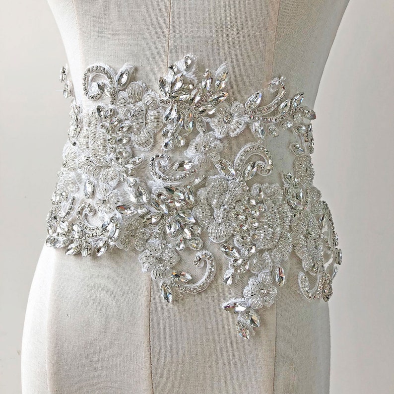 Bridal Dress Applique Rhinestone Beaded Embroidery Crystal Flower Lace Patch Sparkle Addition for Wedding Dresses Bridal Cover Up