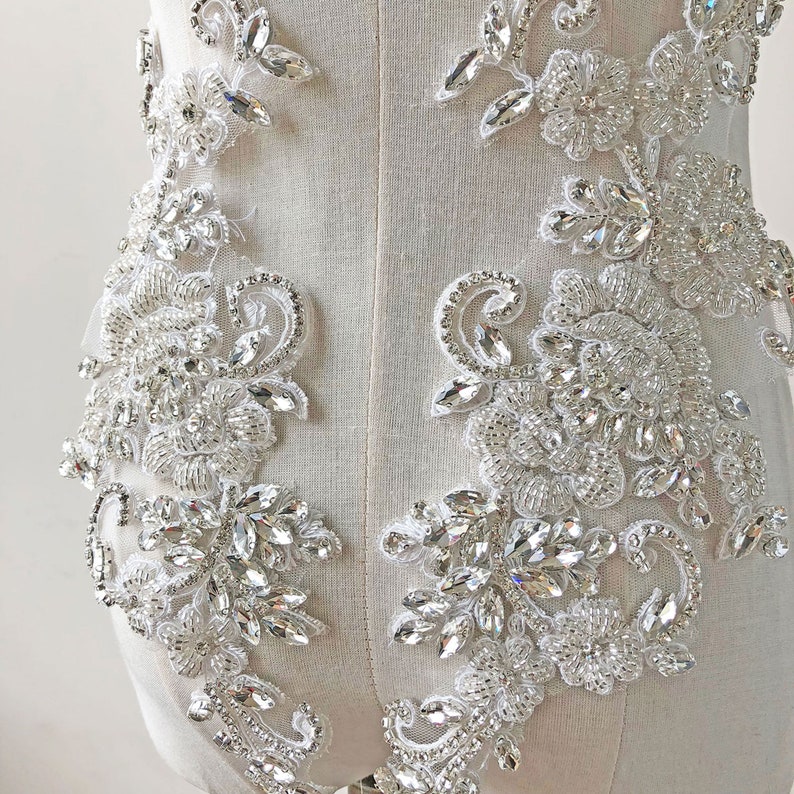 Bridal Dress Applique Rhinestone Beaded Embroidery Crystal Flower Lace Patch Sparkle Addition for Wedding Dresses Bridal Cover Up